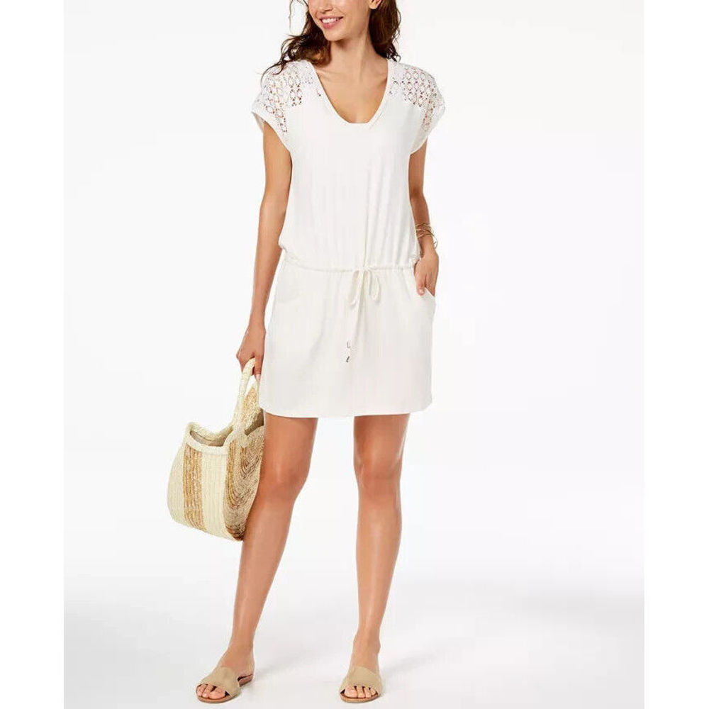 Calvin Klein Women's Crochet Shoulder Tunic Cover Up Swim White S / M Small Med